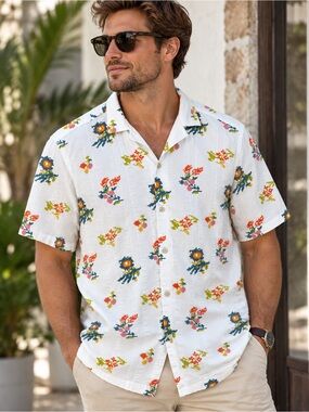 ZARA Men’s S White Floral Cross Stitch Print Short Sleeve Button Up Shirt